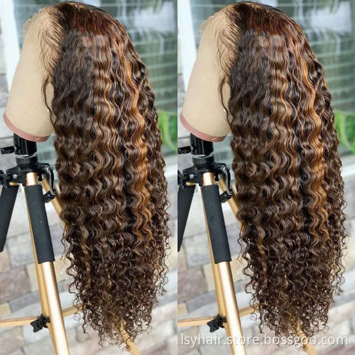 Natrual Black Blonde Highlights Wig Mix Color Deep Wave Curly Pre Plucked HD Transparent Lace Front Raw Virgin Human Hair Wigs